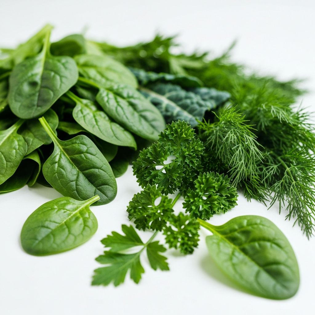 Fresh leafy greens and herbs arranged on a clean surface